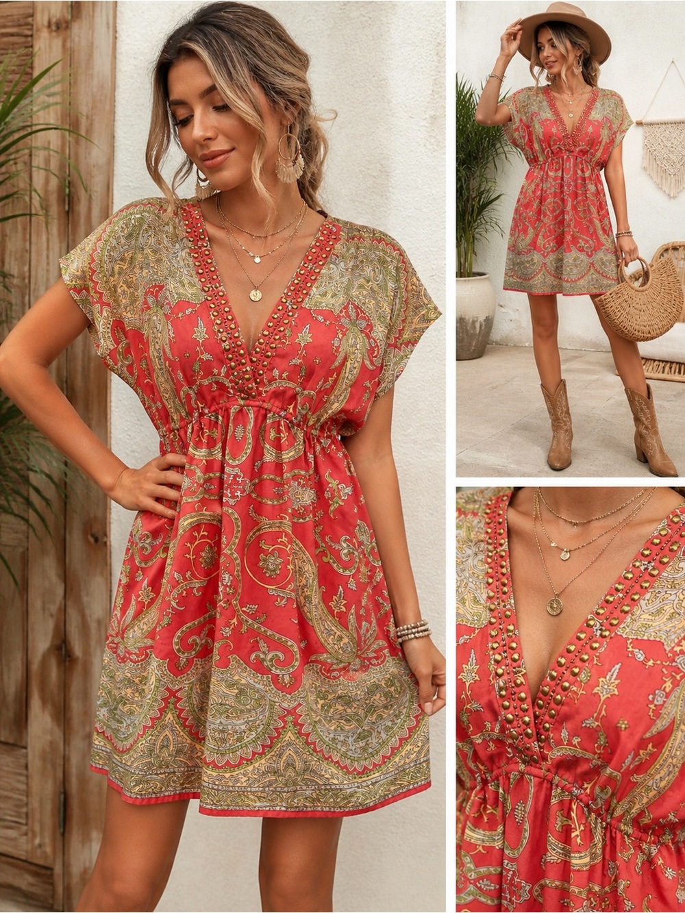 Angie Boho Paisley Mini Dress Medium Studded Neckline Coral Festival Tunic